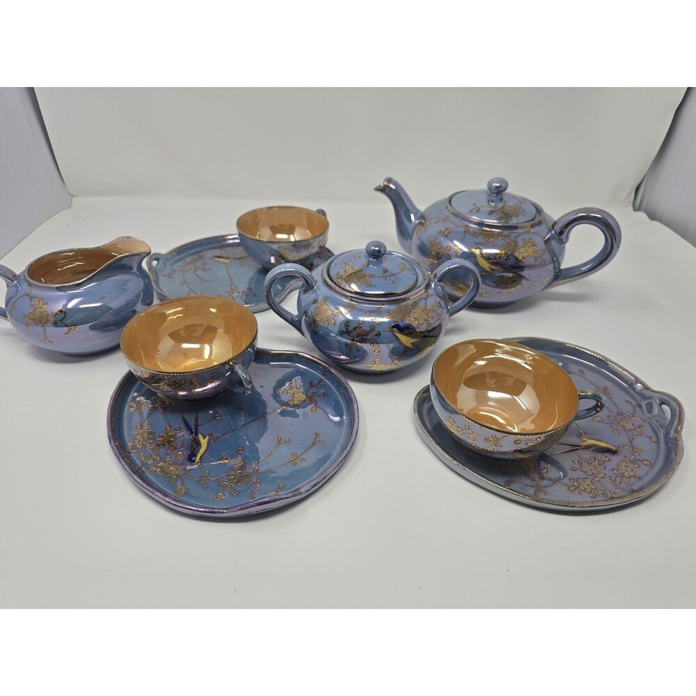 Vintage 1920s Iridescent Blue & Gold Bird Motif Tea Set – Made in Japan